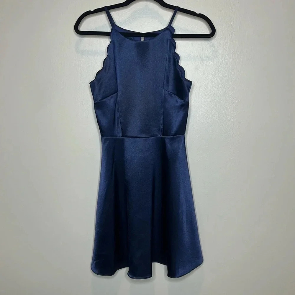 I.N. San Francisco Navy Blue Scalloped Cocktail Mini Dress Metallic Wedding